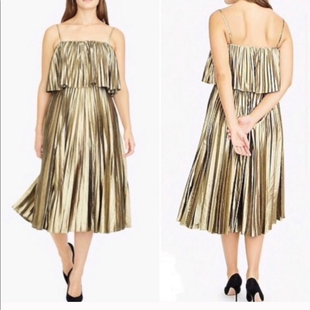 J. Crew Metallic Gold Pleated Midi Dress